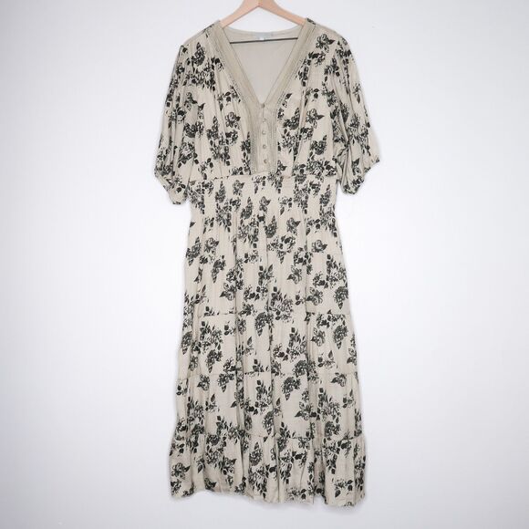 J Gee Womens Maxi Dress 3X Beige‎ Black Floral Empire Peasant Boho Cottagecore - Picture 1 of 12